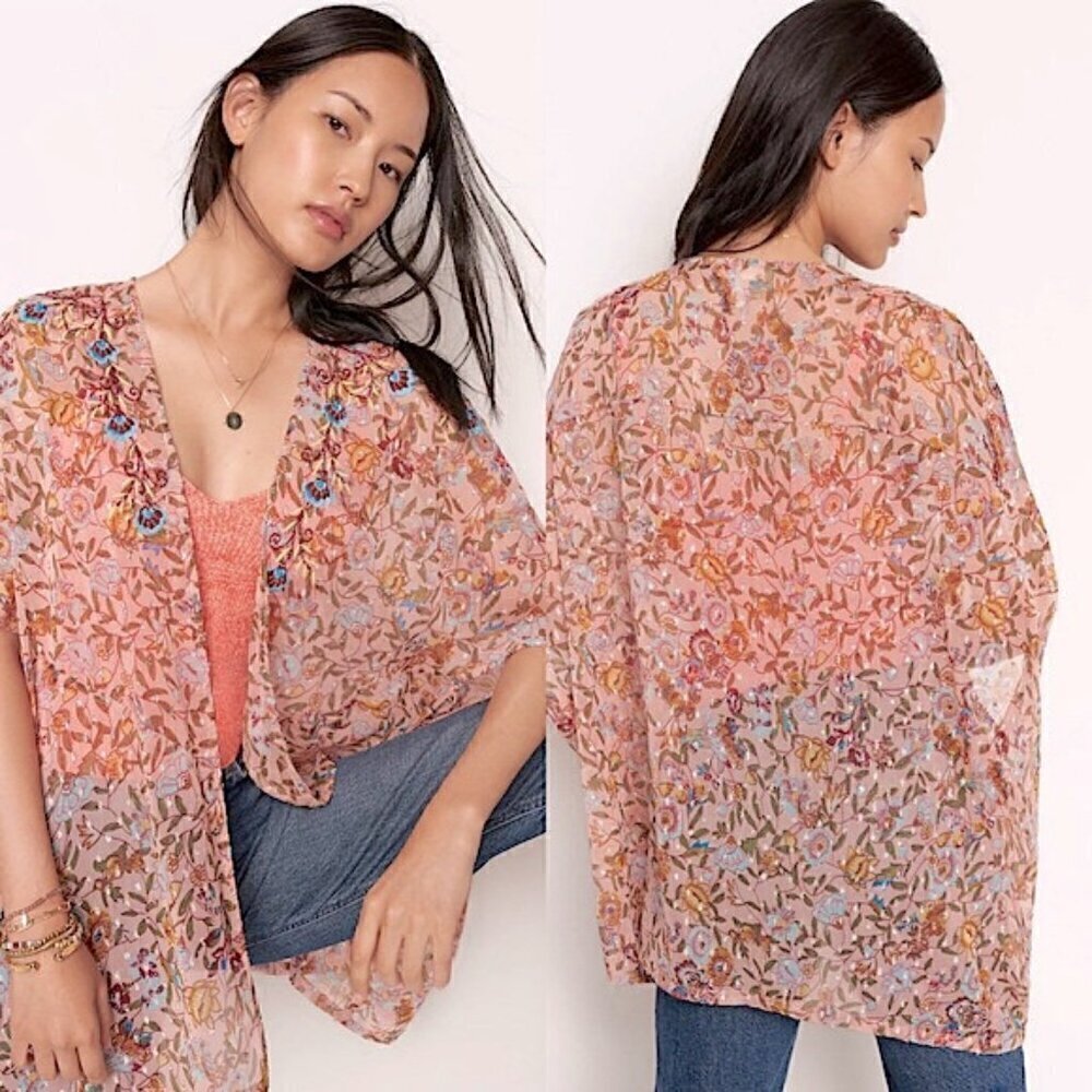 Anthropologie Andersen & Lauth Bella Shimmer Pink Floral Print Kimono, One Size